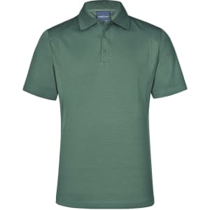 A green polo shirt with a collar and a three-button placket, featuring a logo on the chest.