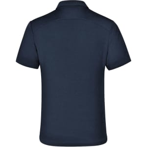 A navy blue polo shirt with a collar, featuring a logo, shown from the back.
