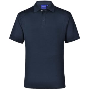 A navy men's polo shirt with a collar, short sleeves, and a three-button placket. It features a logo.