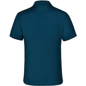A back view of a navy blue polo shirt with a collar, featuring a logo on the side.