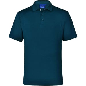 A dark navy polo shirt with a collar, featuring a button-up placket and a logo.