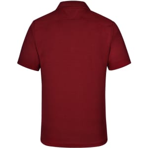 A maroon men's polo shirt featuring a collar and short sleeves, with a logo on the back.