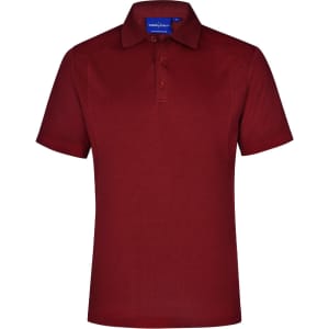 A red polo shirt with a collar and short sleeves, featuring buttons and a branding label on the neckline.