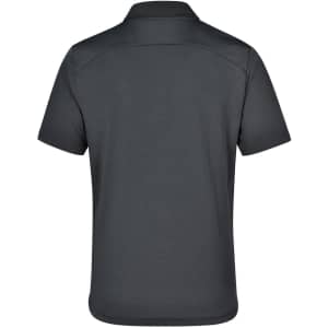 A dark grey polo shirt with a classic collar and short sleeves. Features branding on the back.