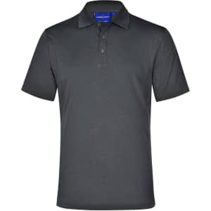 A dark grey men's polo shirt featuring a collar, short sleeves, and a logo on the left chest.