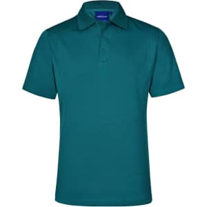 A teal polo shirt featuring a classic collar and a logo on the chest. Suitable for casual wear.