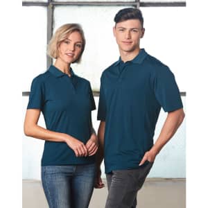 A teal men's polo shirt with a classic collar and a logo, displayed on a male model.