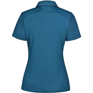 A teal ladies' polo shirt with a collar, featuring a logo and a fitted silhouette.