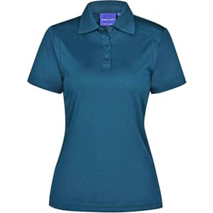 A teal ladies' polo shirt featuring a classic collar and three button placket, with a logo on the chest.