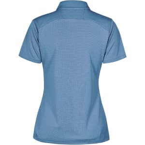 A light blue polo shirt with a collar and short sleeves, featuring a logo on the back.
