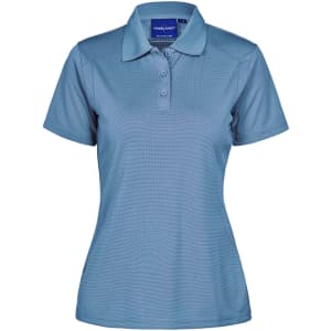 A blue ladies' polo shirt with a collared neckline and three-button placket, featuring a brand logo.