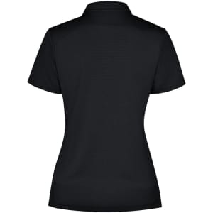 A black ladies' polo shirt featuring a collar and a fitted design, with a branding logo on the back.