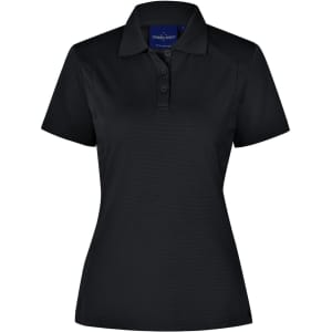 A black ladies' polo shirt featuring a collar, three buttons, and a logo. The fabric has a textured appearance.