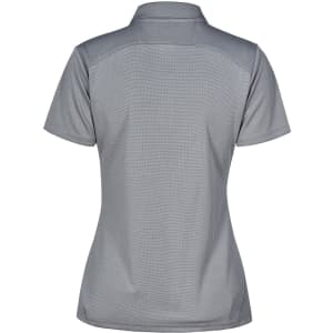 A grey polo shirt with a fitted design and a collar, featuring a logo on the back.