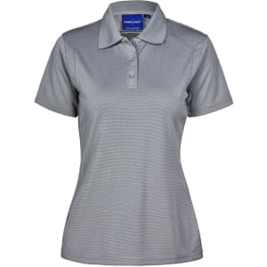 A women's grey polo shirt with a collared neckline and three-button placket. It features a logo on the chest.