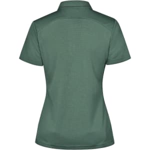 A women's polo shirt in dark green with a classic collar and a fitted silhouette, featuring a logo.