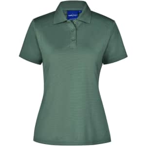 A green women's polo shirt with a collar and three buttons, featuring a logo on the upper section.