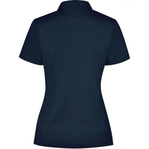 A navy blue ladies' polo shirt with a short sleeve and a collar, featuring a branding logo.