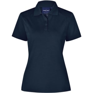 A navy blue ladies' polo shirt with a collar, short sleeves, and a button-up front. It features a logo on the chest.