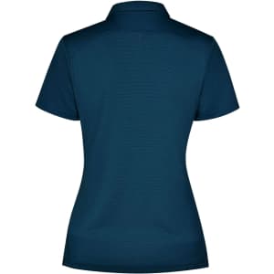 A dark teal polo shirt featuring a collar and short sleeves, with a logo on the back.