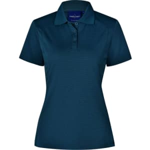 A teal polo shirt with a collared neckline and three-button placket, featuring a logo on the chest.