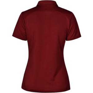 A maroon polo shirt with a collar and short sleeves, featuring a logo on the back.