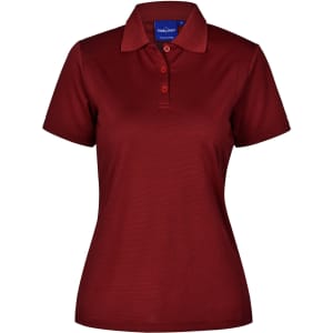 A maroon Ladies' Lucky Bamboo Polo shirt with a collar and three buttons, featuring a logo.