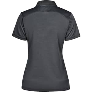 A dark grey ladies' polo shirt with a collar and a logo on the back.