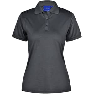 A women's polo shirt in dark grey with a classic collar and buttons, featuring a logo on the chest.