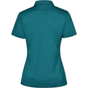 A teal ladies' polo shirt with a classic collar, featuring a logo on the chest and a fitted design.