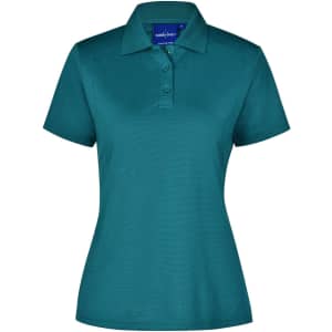 A teal ladies' polo shirt with a collar, short sleeves, and a button placket. It features a logo on the chest.
