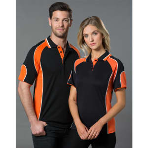 A men's and women's polo shirt in black with orange accents, featuring a logo on the chest area.