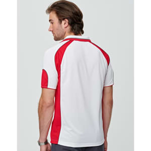 Men's polo shirt featuring a sporty design in red and white with a contrasting collar and branding.