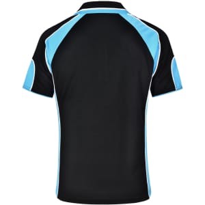 A black polo shirt featuring blue and white detailing on the shoulders and sleeves, with branding on the back.