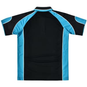 A black polo shirt with blue accents and a logo on the back.