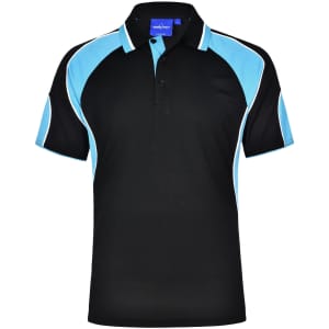 A black polo shirt with light blue accents and a logo on the collar. Short sleeves and a classic fit design.