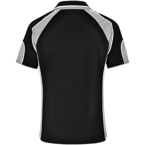 A black polo shirt with grey accents and a logo on the back. Featuring a sporty design and short sleeves.