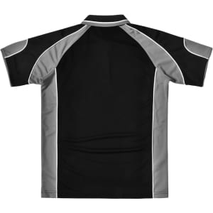 A black and grey men's polo shirt featuring contrasting panels and a logo.