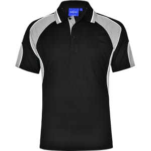 A black polo shirt with grey accents and a collar. It features a logo on the chest area.