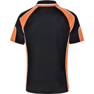 A black polo shirt with orange accents and a logo on the back. Features short sleeves and a collar.