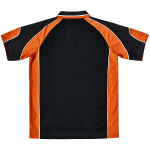 A men's polo shirt featuring black and orange panels, with a logo on the front. Back view displayed.