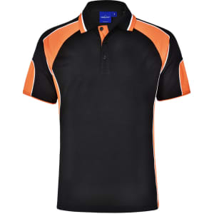 Men's polo shirt in black with orange accents, featuring a collar and short sleeves. Includes a logo.