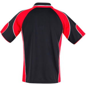 A men's polo shirt in black with red accents and a logo, featuring short sleeves and a classic collar.