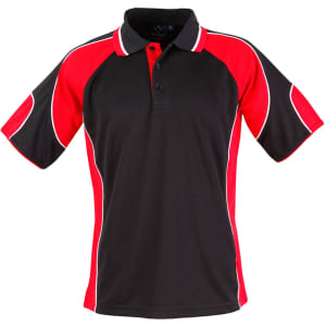 A black and red polo shirt featuring contrasting white piping and a branding logo.