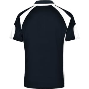 A polo shirt in navy with white accents and a logo, featuring a classic collar and short sleeves.