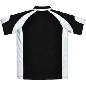 A black and white men's polo shirt featuring a logo, with a short sleeve design and a sporty look.