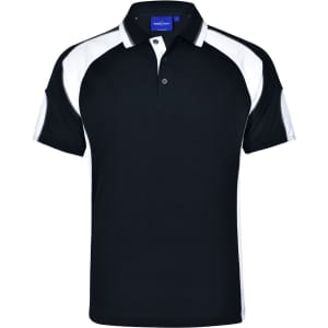 A black polo shirt with white accents and a branded logo on the chest area.