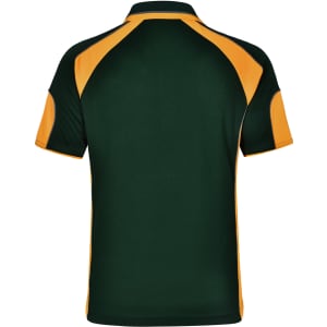 A polo shirt featuring a dark green body with yellow accents and a logo on the back.
