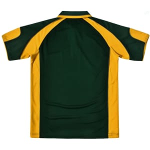 A polo shirt featuring a green and yellow design, with a logo on the back.