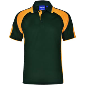 A green and orange men's polo shirt featuring a collar and a logo.